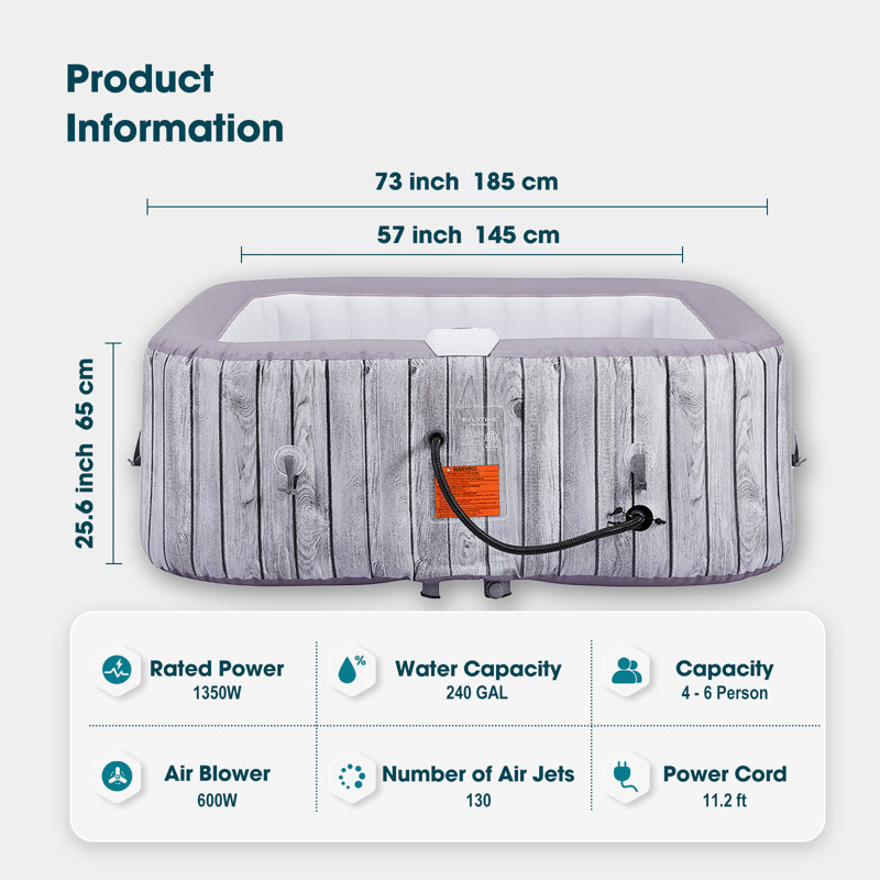 RELXTIME Portable Inflatable Hot Tub 4-6 Person, Blow Up Spa Outdoor Hottub 130 Bubble Air Jets, Tub Cover, 2 Filter Cartridges