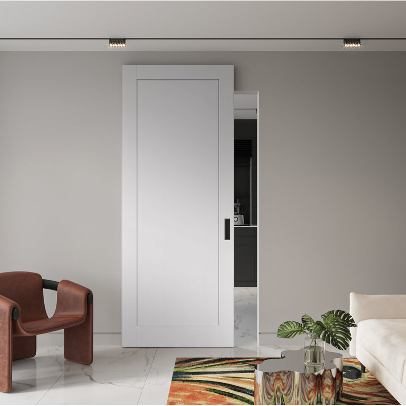 Shaker 1 Panel Manufactured Wood Solid Core Sliding Hidden Barn Door With Base Board with Installation Hardware Kit, Primed