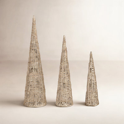 3-Piece Lighted Champagne Gold Cone Tree Set