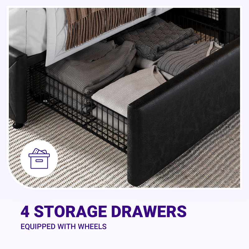 Zelna Upholstered Platform Storage Bed with 4 Drawers and Sleek Button Tufting, Black, King
