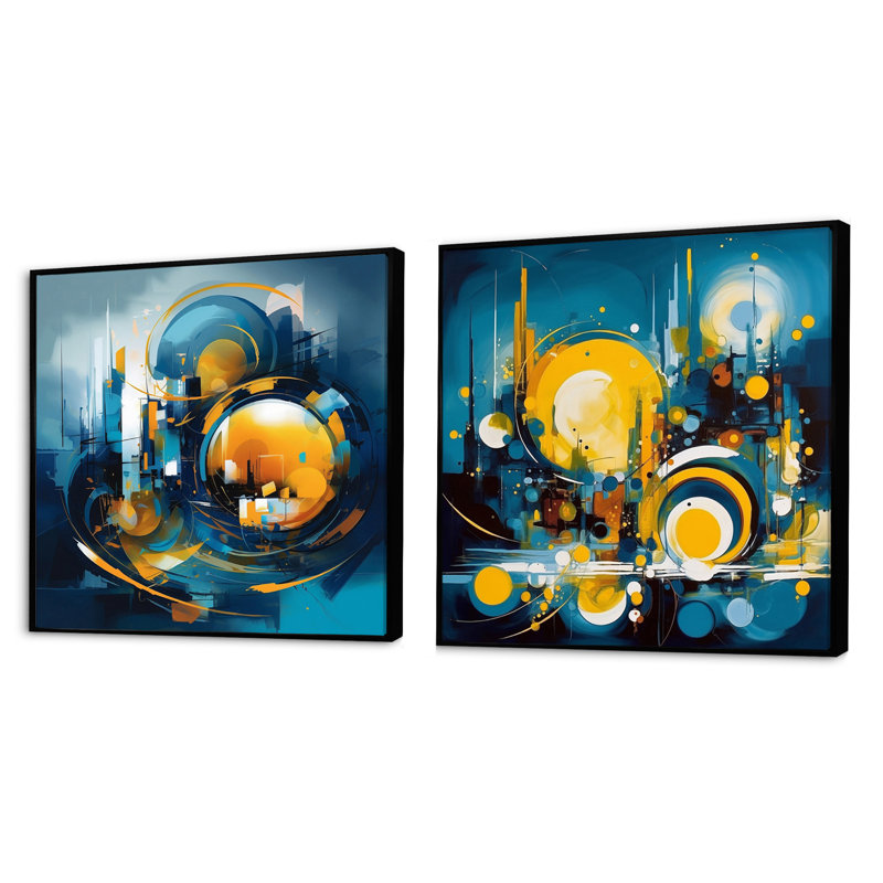 Ensemble de 2 collages carrés en marbre bleu et jaune, Cadre flottant noir, H 16 po x l 33 po