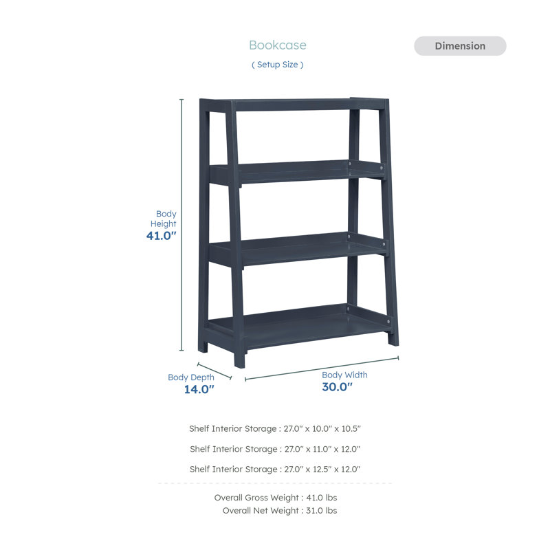 Estrela 30" Transitional Wood Bookcase with Three Fixed Shelves, Solid Wood Construction & Compact Vertical Design, Blue