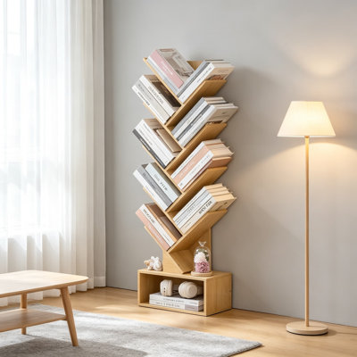 Bibliothèque d'arbre avec tiroir, bibliothèque haute pour le salon, la chambre à coucher, le bureau personnel, étagère de rangement en bois sur pied moderne, conception anti-basculement robuste