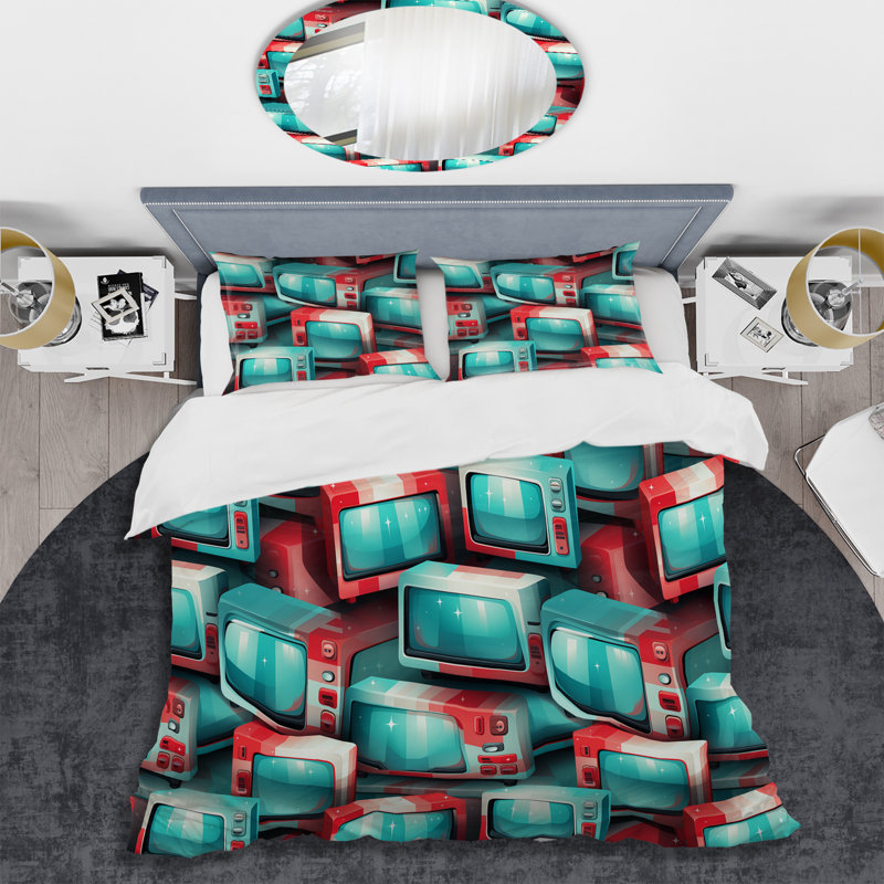 Ensemble de housse de couette rouge et cyan Popart Retro Tv, Housse de couette simple + 1 taie décorative stan