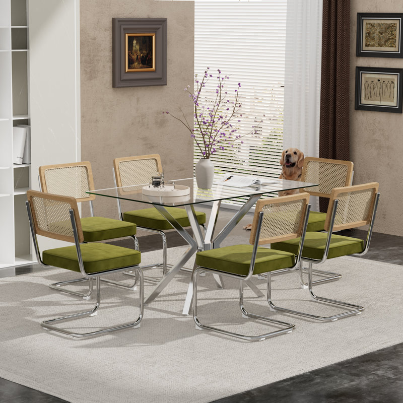 Rectangular Tempered Glass Dining Table Set With Luxury Velvet Rattan Back Upholstered Dining Chairs - Modern Contemporary Small Space Design