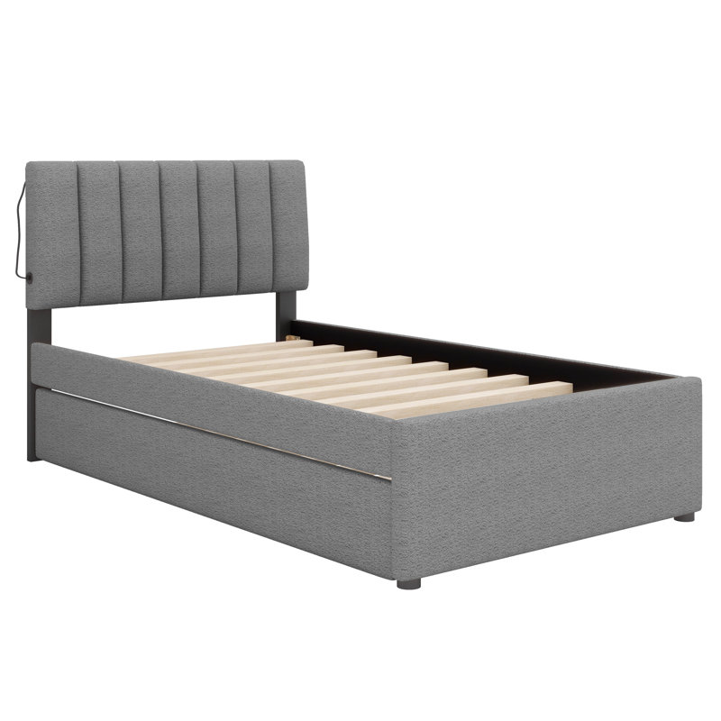 Lit plateforme tapissier simple avec lit gigogne Teddy, gris