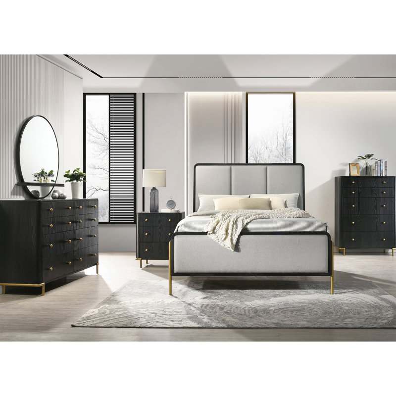 Grand lit Modern Modern Elegance avec des couleurs noires et grises, des pieds en métal, des lattes arrondies pour un cadre de panneau confortable pour la chambre à coucher, un revêtement gris, un support central à pattes dorées discrètes
