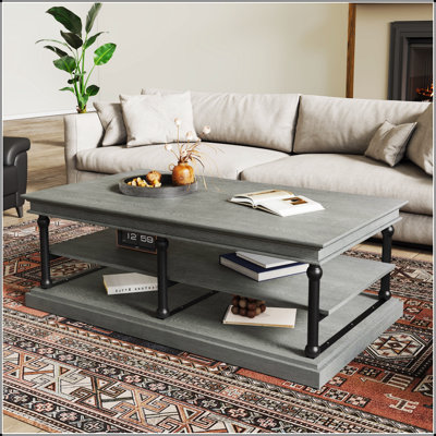 Table basse moderne en bois avec tablettes ouvertes, rangement spacieux et présentoir pour les essentiels du salon