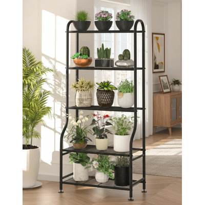 This Tall, Five-Tiered Black Metal Plant Stand Is Waterproof And Has A Strong Load-Bearing Capacity. It Features Adjustable Feet And Is Suitable For B