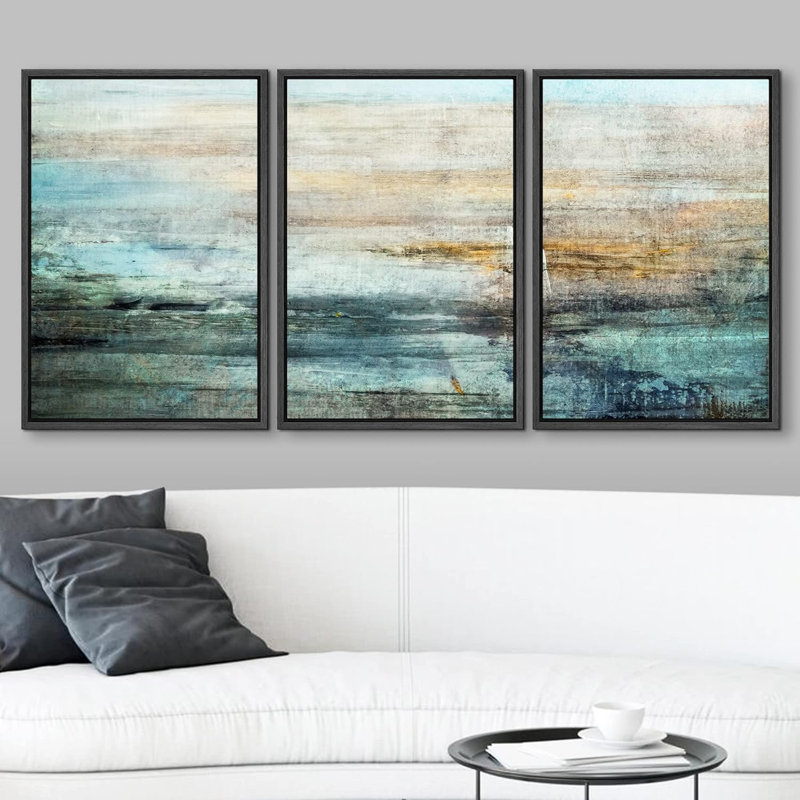 Bleu et orange, champ de couleur grunge, formes abstraites, art moderne et contemporain, 3 pièces, Cadre flottant noir