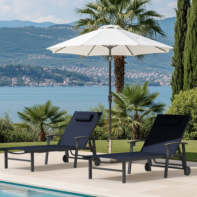 Outdoor Patio Chaise Lounge Set Of 2 With Wheels And Armrests, Navy Blue