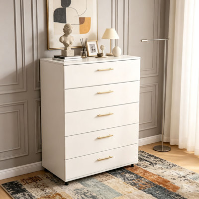 Commode blanche à 5 tiroirs avec poignées
