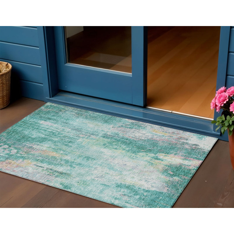 3' X 5' Teal Blue Peach And Ivory Abstract Washable Indoor Outdoor Area Rug