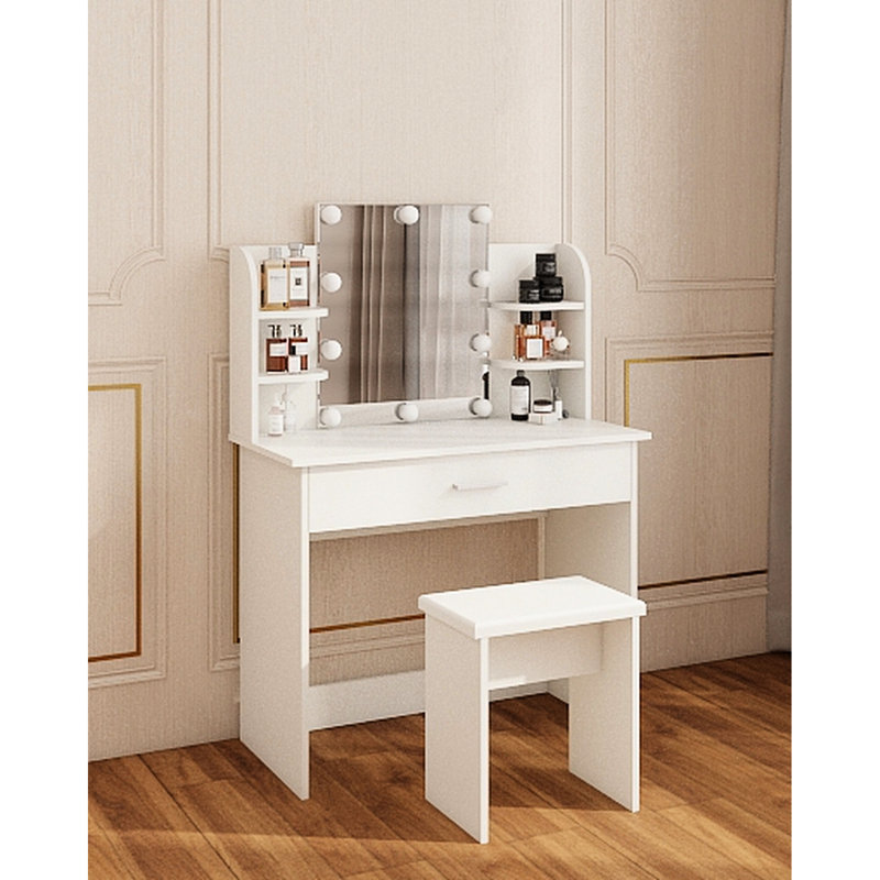 Table de coiffeuse à un tiroir avec miroir réglable, rangement pour articles de maquillage, tabouret assorti, taille compacte, finition blanc antique, panneau de particules +, tiroir à miroir de 65,87 lb de poids, spacieux