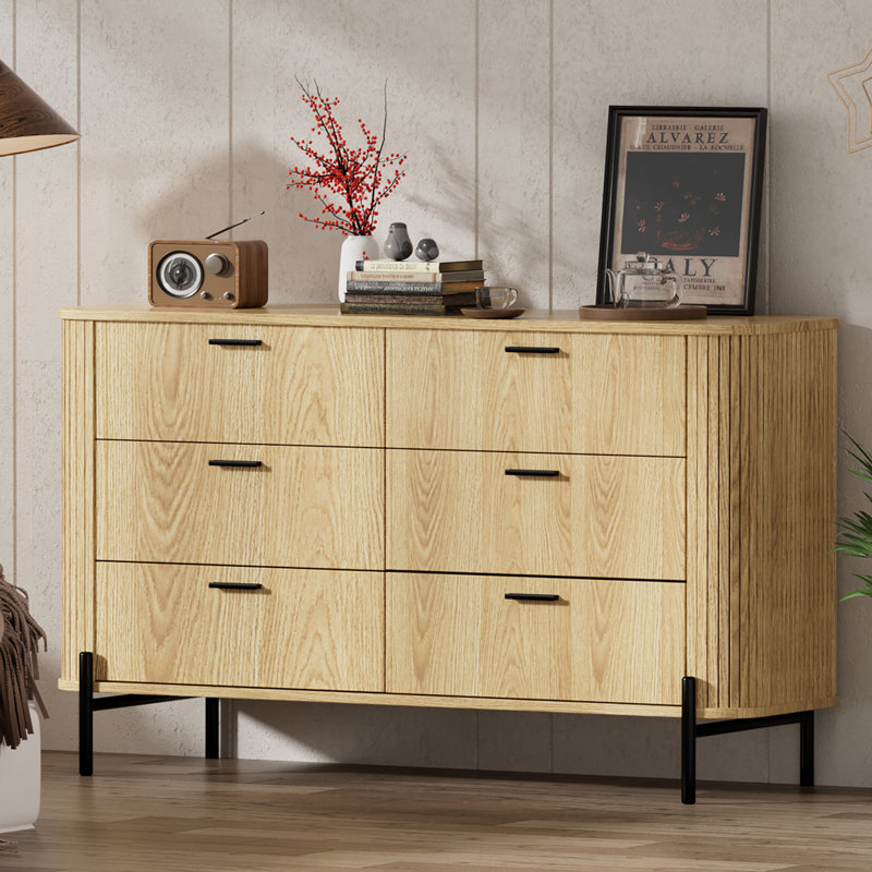 Commode à 6 tiroirs cannelés pour chambre à coucher, commode Mid-Century moderne de 47 po avec profil incurvé