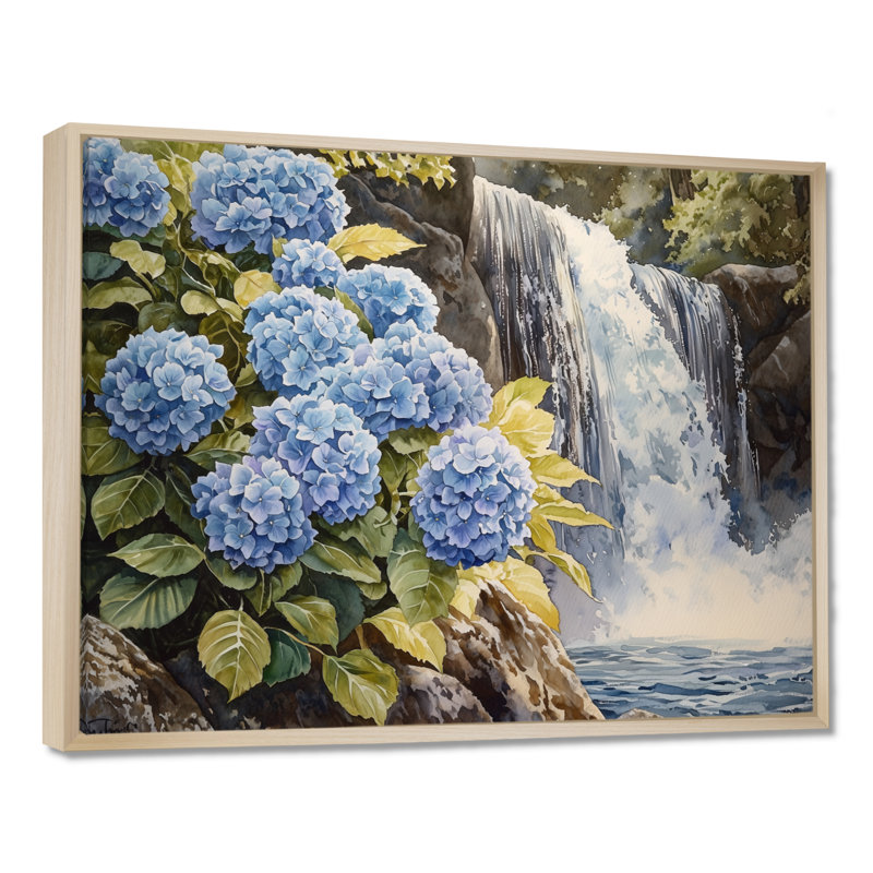Jaber Hydrangeas By The Waterfall I - Hydrangea Wall Art, 30" H x 40" W, Brown, Floater Framed