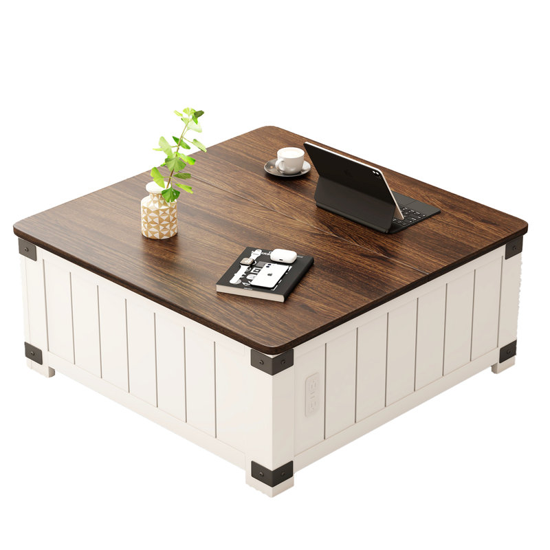 White and Brown Square Lift-Top Coffee Table with Storage