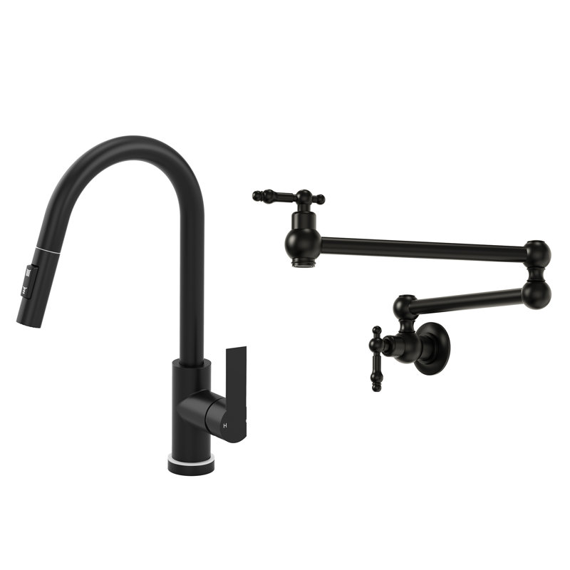 Ensemble robinet de cuisine extractible en 2 pièces et remplisseur de casseroles mural, Brushed Gold