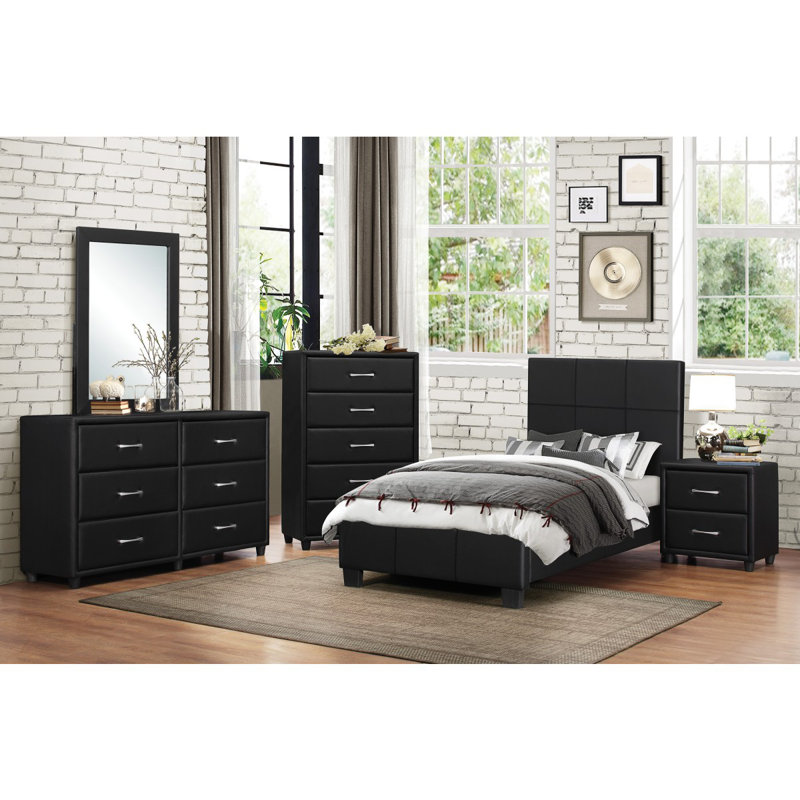 Saelah Platform Bed, Faux Leather Upholstery, Wood Frame, California King, Black