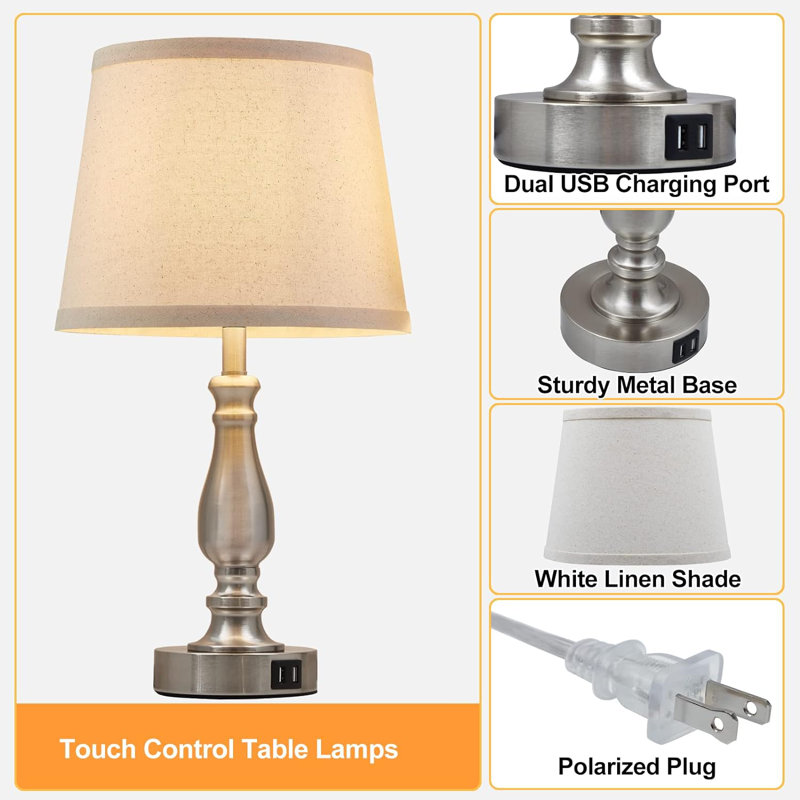 Set of 2 White Fabric Shade Nickel Touch Table Lamps