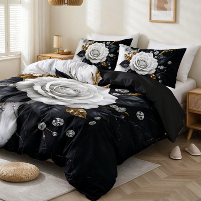 Literie 3 pièces avec housse de couette et taies d'oreiller, motif bandana noir, taille standard. Housse de couette en microfibre douce.