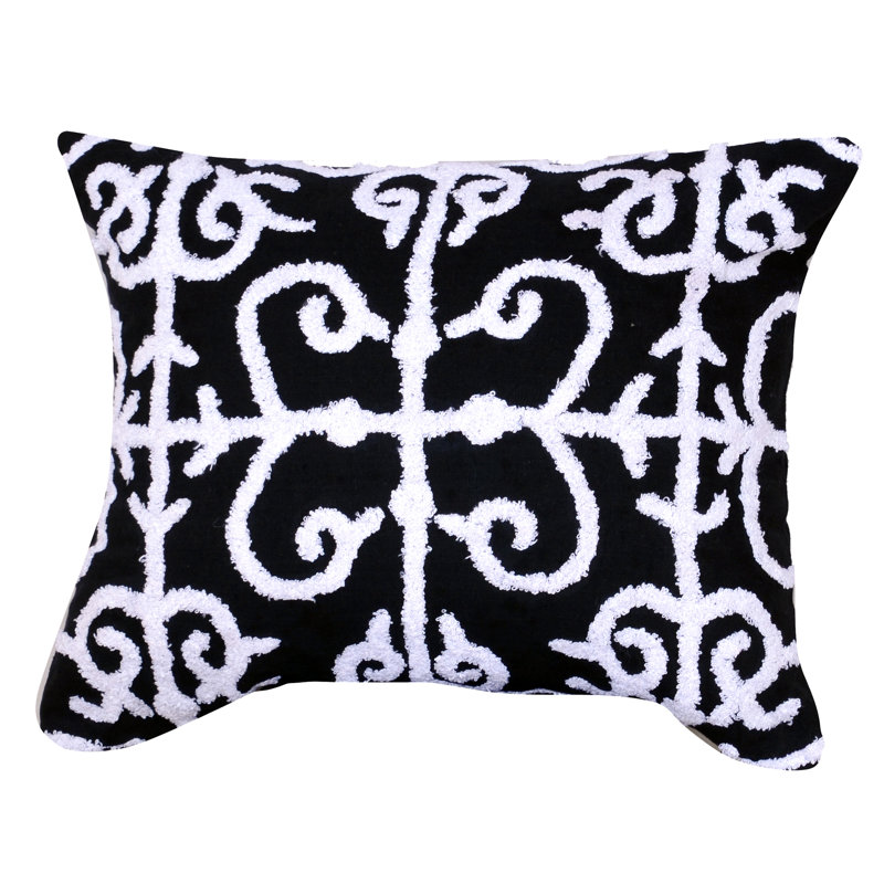 Embroidered Cotton Blend Throw Pillow, Black