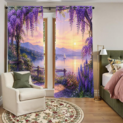 2 PCS avec œillets, rideaux occultants à œillets, rideaux en fleurs Wisteria Lake Sunset