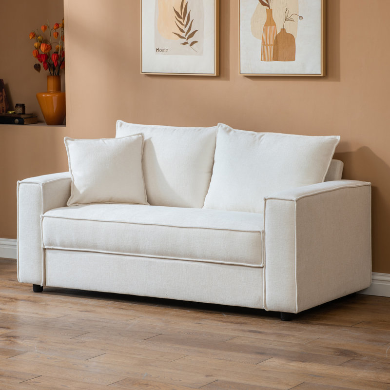 Alcantara 2-Seater 65'' Modern Upholstered Sofa With Square Armrests And 1 Throw Pillows, Cream