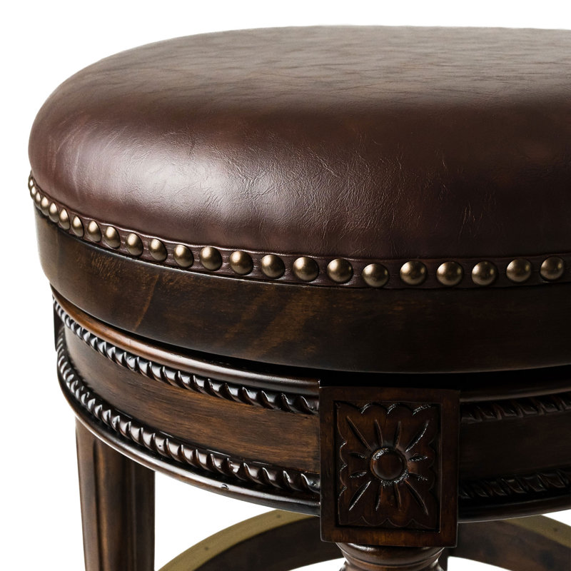 Dark Walnut Backless Swivel Bar Stool with Leather Seat