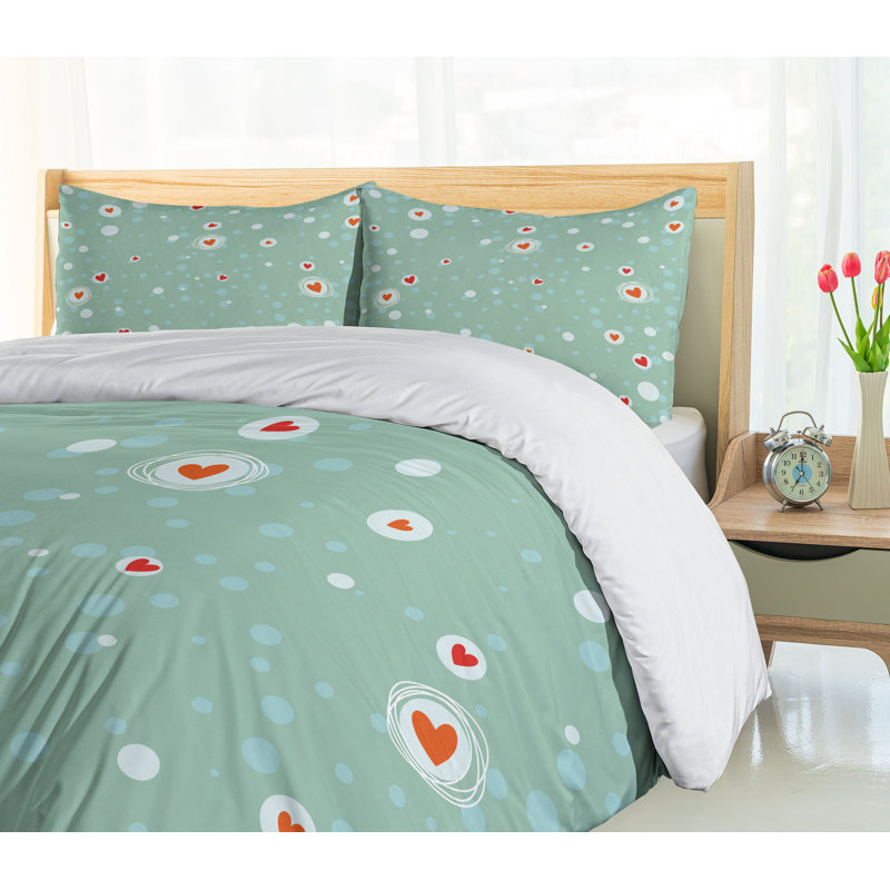 Ensemble de housse de couette image de fond turquoise à cercles abstraits esquissés avec coeurs, Très grand