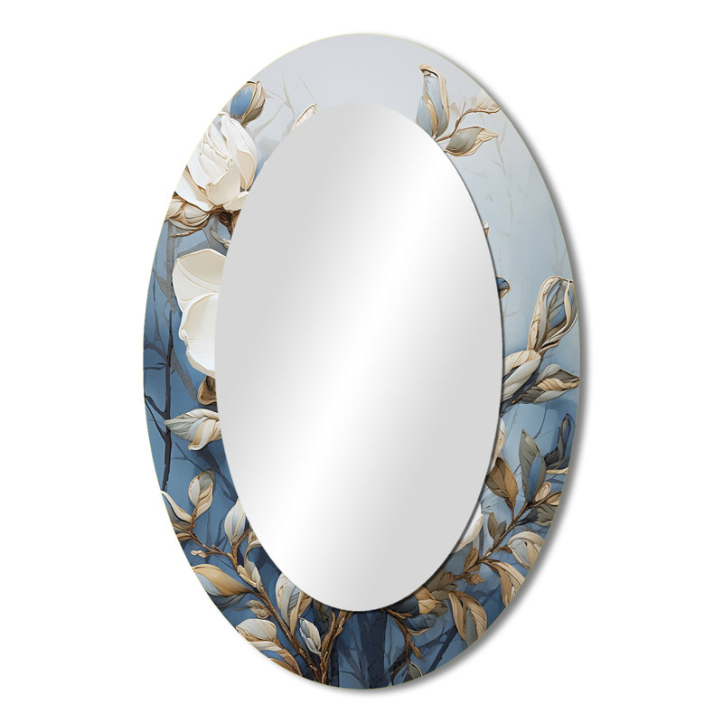 Blue And White Painted Magnolias - Large Oval Wall Mirror On Metal, 36" x 24"