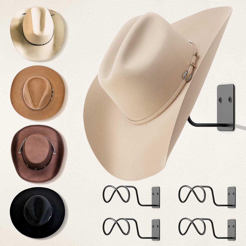 Ensemble de 4 porte-chapeaux de cowboy - support mural en métal avec crochets, support pour Fedora, chapeaux de soleil et chapeaux larges