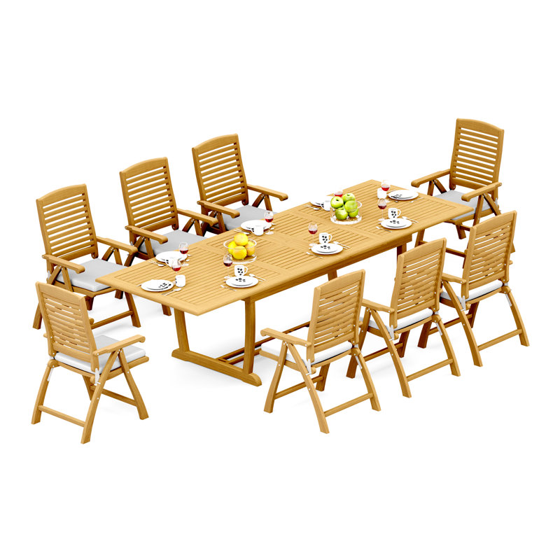 6 Seats 7 Pcs Grade-A Teak Wood Dining Set: 118" Double Extension Mas Rectangle Trestle Leg Table And 6 Ashely Folding Reclining Arm Chairs #11AS2506