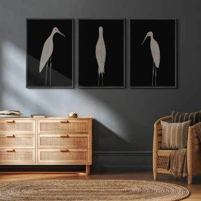 Oiseau blanc minimaliste moderne, ensemble de 3 estampes encadrées