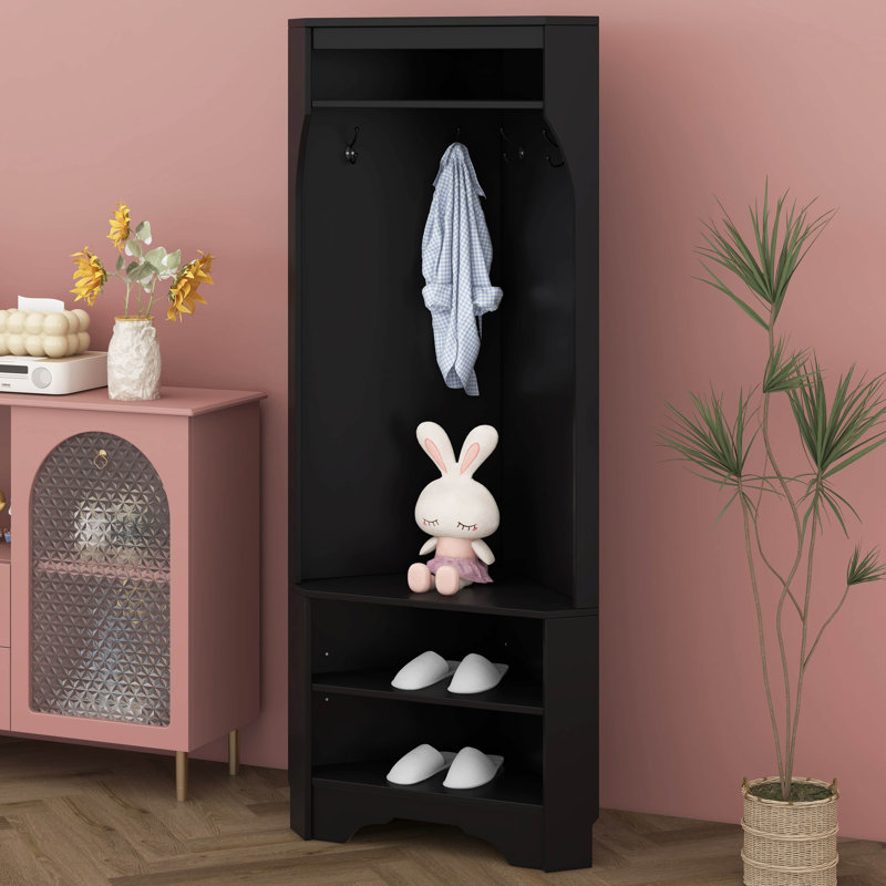 Arbre d'entrée de coin avec banc à chaussures, banc d'entrée avec 4 crochets, portemanteau 4-en-1, tablette réglable pour le couloir, le salon