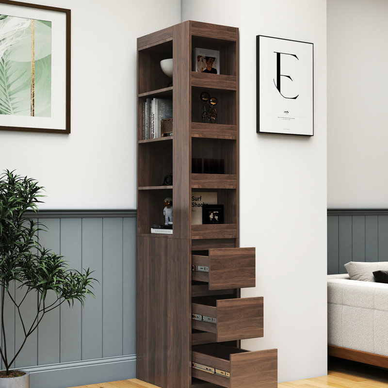 70.87" H Display Storage Cabinet , 4-Tier Shelf, 3 Side Drawers & 4 small display shelves , Modern Wooden Tall Bookshelf Bookcase for Living Room Home Office