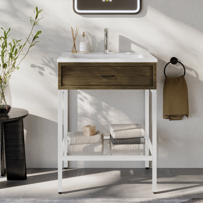 Meuble-lavabo moderne 25 po en acier inoxydable blanc mat avec lavabo intégré, tiroir décoratif, tablette en verre trempé pour appartements modernes, salles de bain principales et d'invités