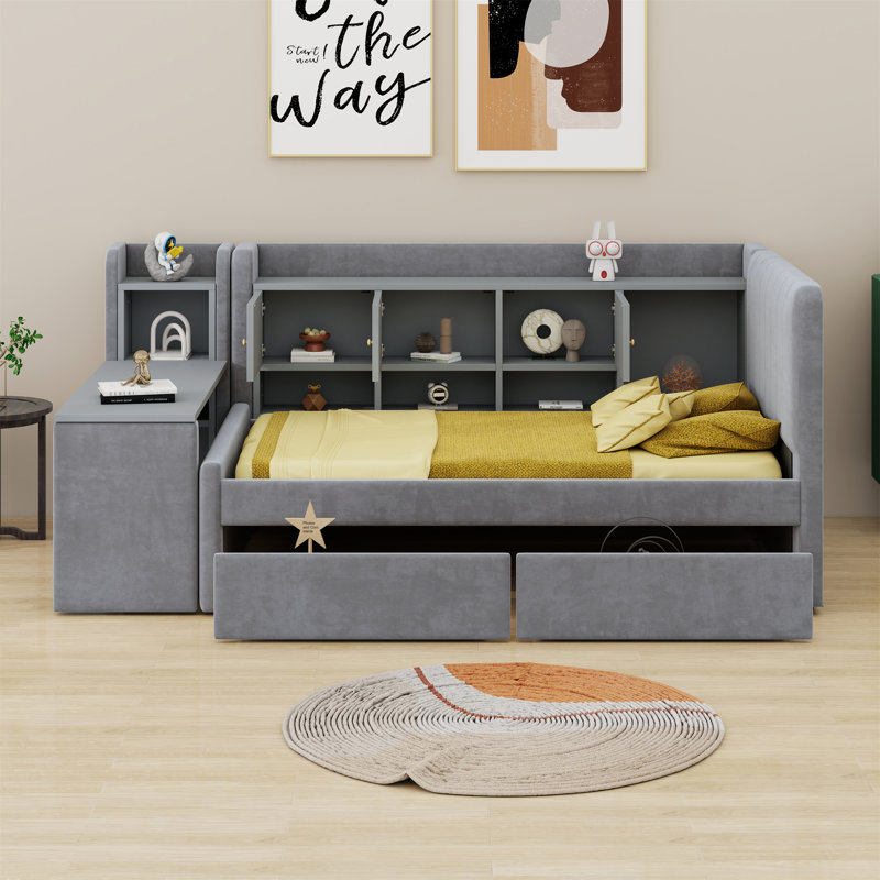 Lit de jour rembourré avec tiroirs, tablettes, armoires rabattables et table d'appoint, Gris