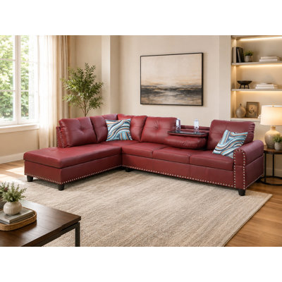Burgundy Faux Leather 2-Piece Sectional Sofa Set with Chaise