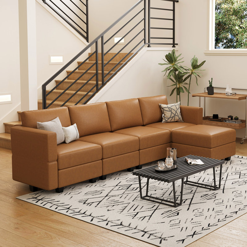 Colusa Faux Leather L-Shaped Sectional Sofa, Orange
