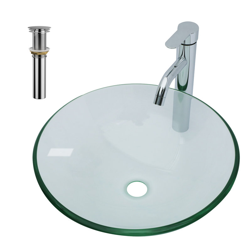 16.5" Round Clear Tempered Glass Vessel Bathroom Sink Set with Faucet and Drain