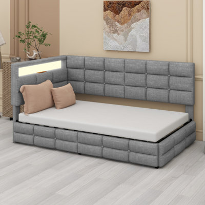Upholstered Daybed With Storage 2 Drawers And Charging Station, Day Bed Frame With LED Lights And Storage Headboard