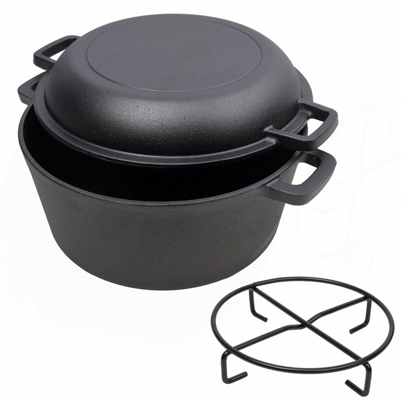 Étuve en fonte pré-assaisonnée 2 en 1 avec deux poignées, marmite extérieure pour foyer de camping, barbecue, feu de camp, 5 pintes, avec support à casseroles en fer 1pc.