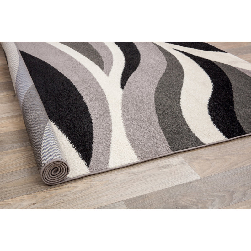 Tapis contemporain noir / gris à motif ondulé Rudden, Tapis de couloir de 2 pi x 7 pi