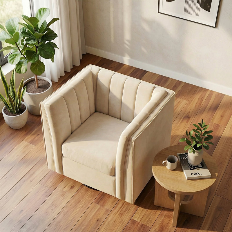35.4'' Wide Upholstered Swivel Chair, White Chenille