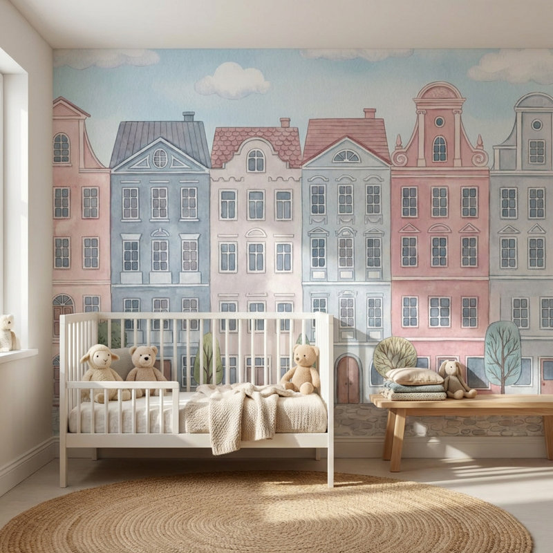 Murale rétro Whimsical Townhouse, L: 170 po x H: 108 po, Non-collé