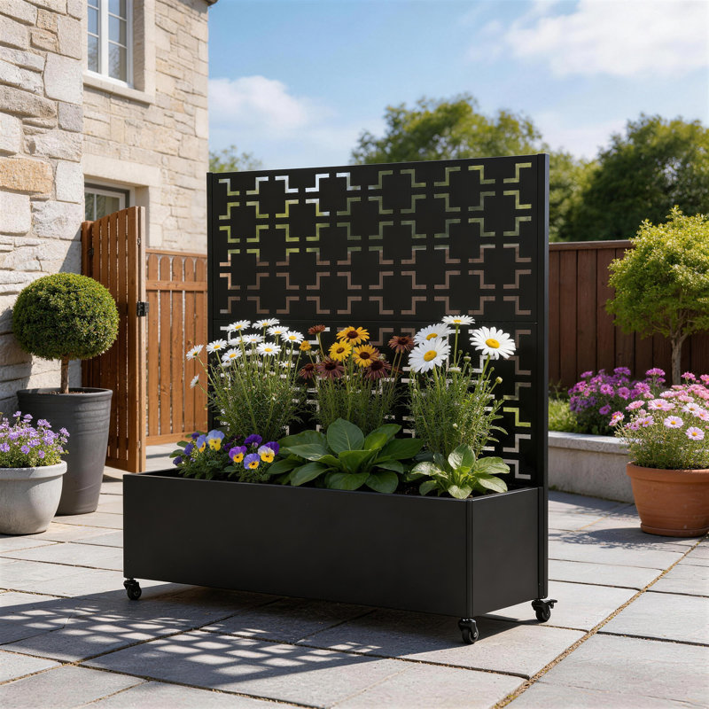 Boîte à fleurs en métal avec treillis et roues Lumi, H 47,2 po x l 47,2 po x P 15,7 po, Noir