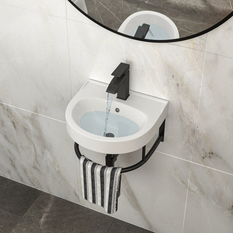 16x14 Inch Wall-Mounted Ceramic Bathroom Sink with Black Towel Bar and Faucet, Space-Saving and Durable Design