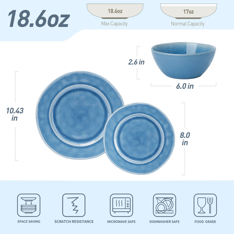  12 piece Stoneware Dinnerware Set - Service for 4, Lagoon Blue