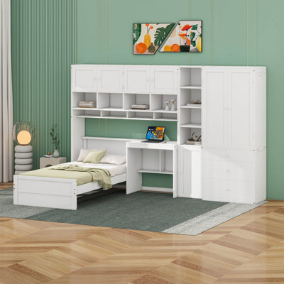 Lit plateforme simple avec bureau et garde-robe, lit de rangement multifonctionnel en bois tout-en-un avec lumière, 3 tiroirs, armoires et tablettes